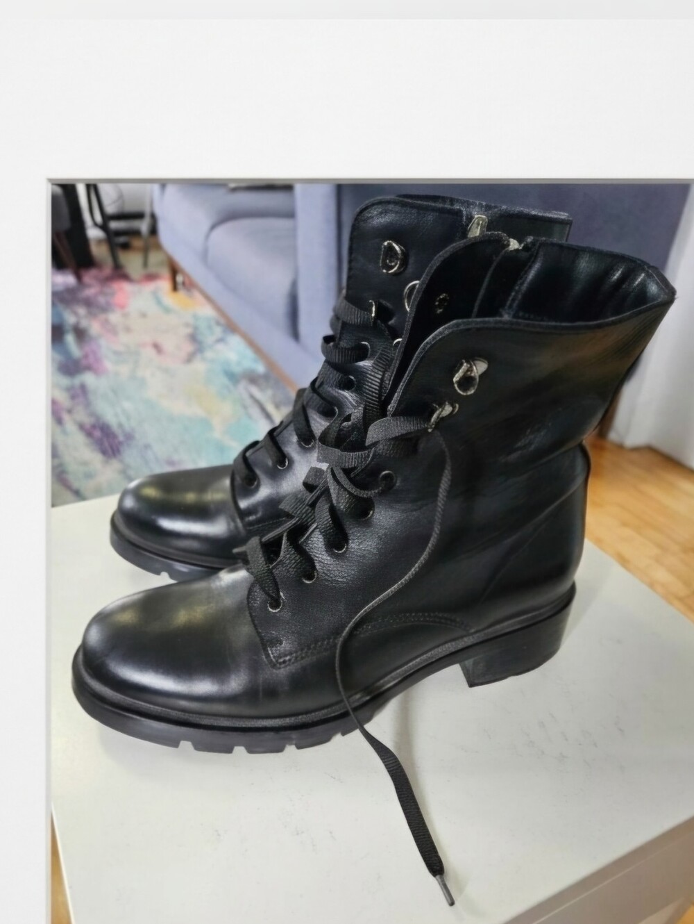 Black Leather Winter Lace-Up Combat Boots - Women